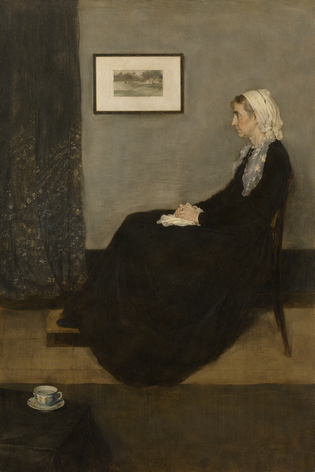 Portrait of Whistler’s mother seated in profile against grey wall and curtain Portrait of Whistler’s mother seated in profile against grey wall and curtain