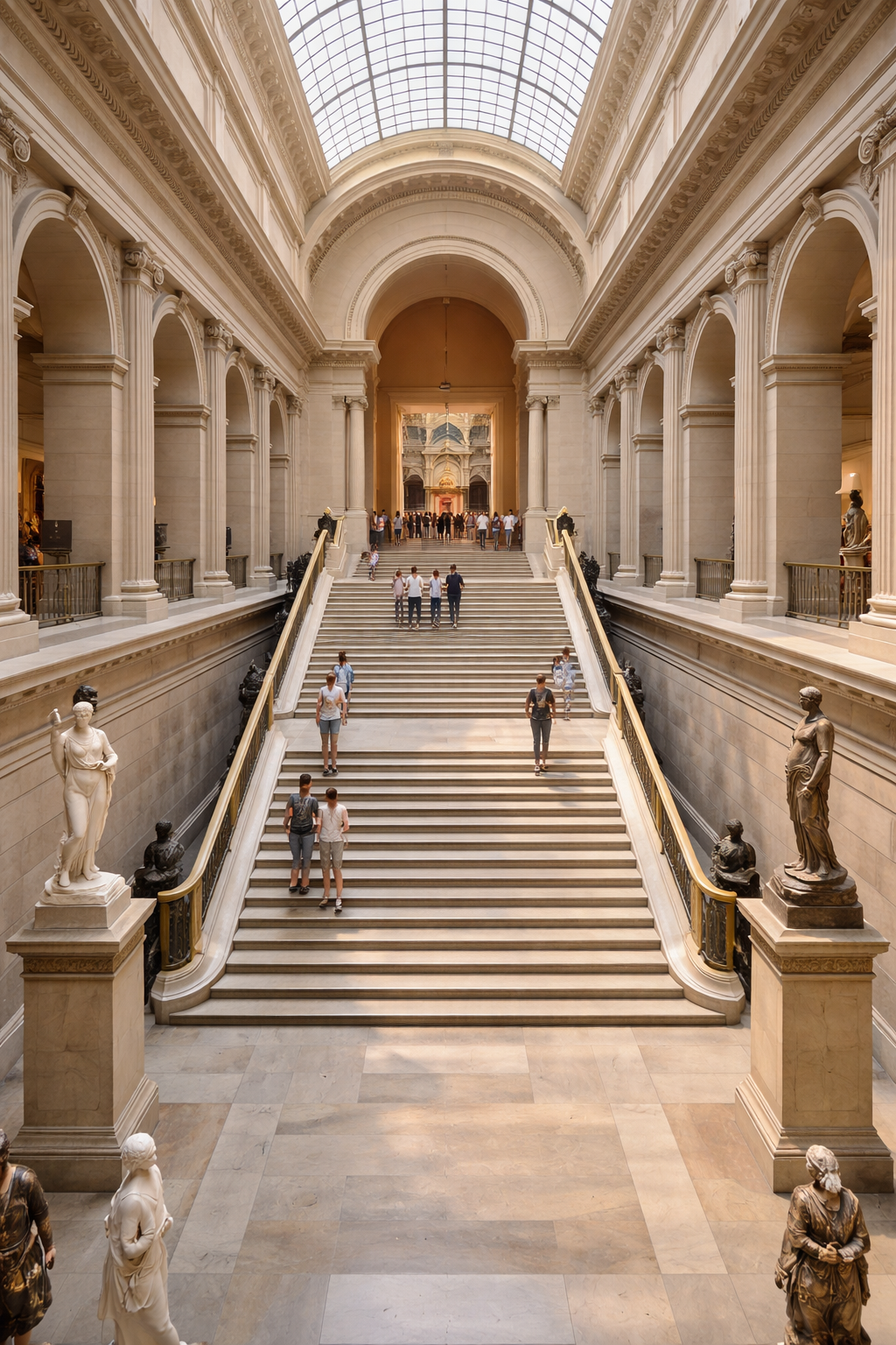 Visitors ascending marble staircase toward upper Impressionist galleries at Orsay Visitors ascending marble staircase toward upper Impressionist galleries at Orsay