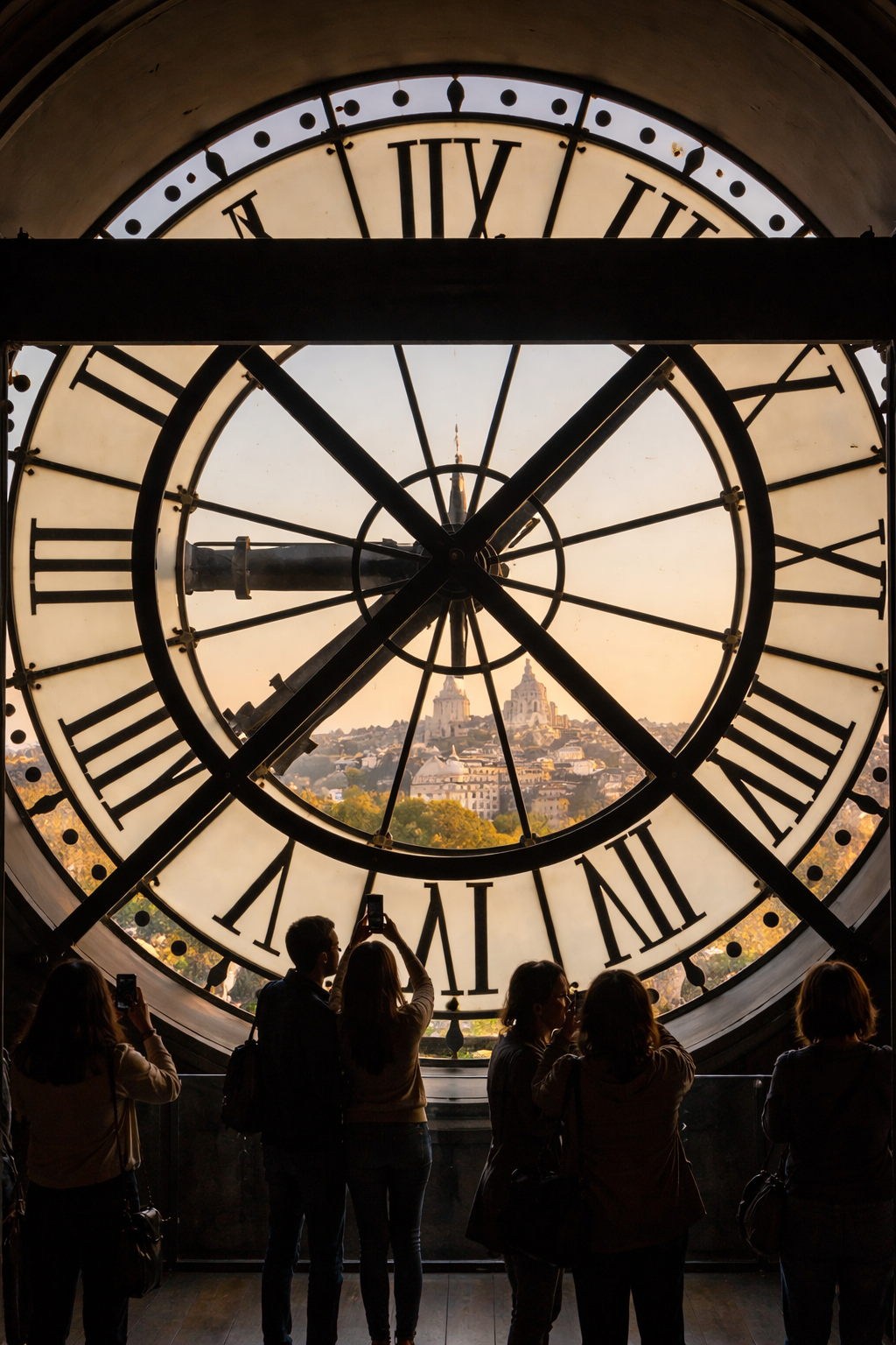 Interior view through Musée d’Orsay clock window overlooking Paris skyline Interior view through Musée d’Orsay clock window overlooking Paris skyline
